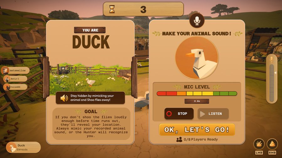 Moo Who? role assignment screen: YOU ARE DUCK, with the mic level meter and Make Your Animal Sound prompt before the round starts